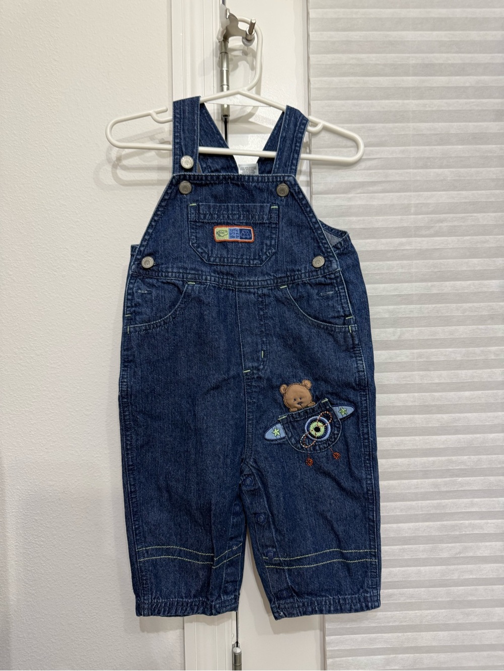 Vintage Carter's Dark Blue Denim Overalls with Bear Rocket Patch